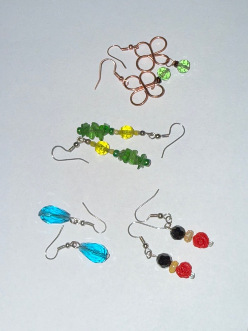 Handmade Multicolor Beaded Earrings Set - Green, Blue, Red